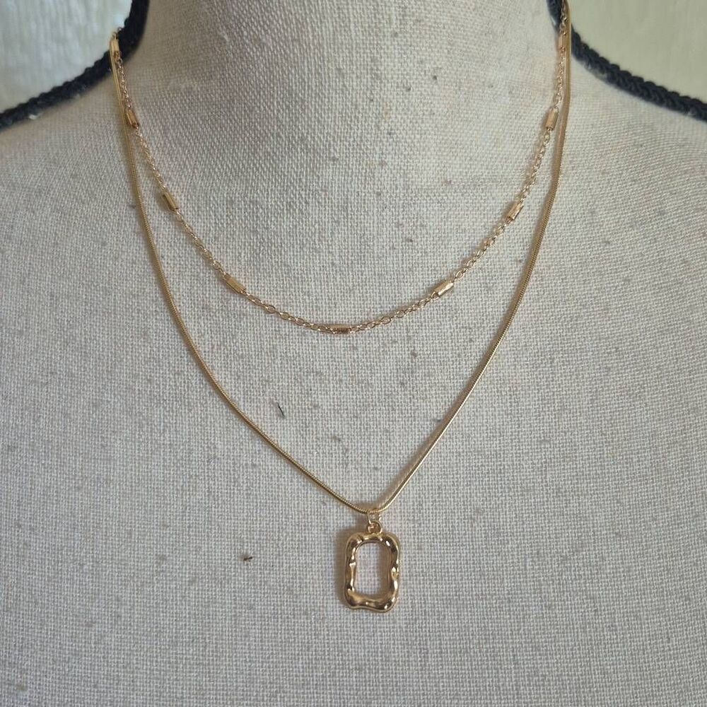 14k Gold-Plated Square Hammered Metal Charm Cord Chain 2-Layer Necklace